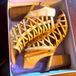 Taupe stacked heel sandals